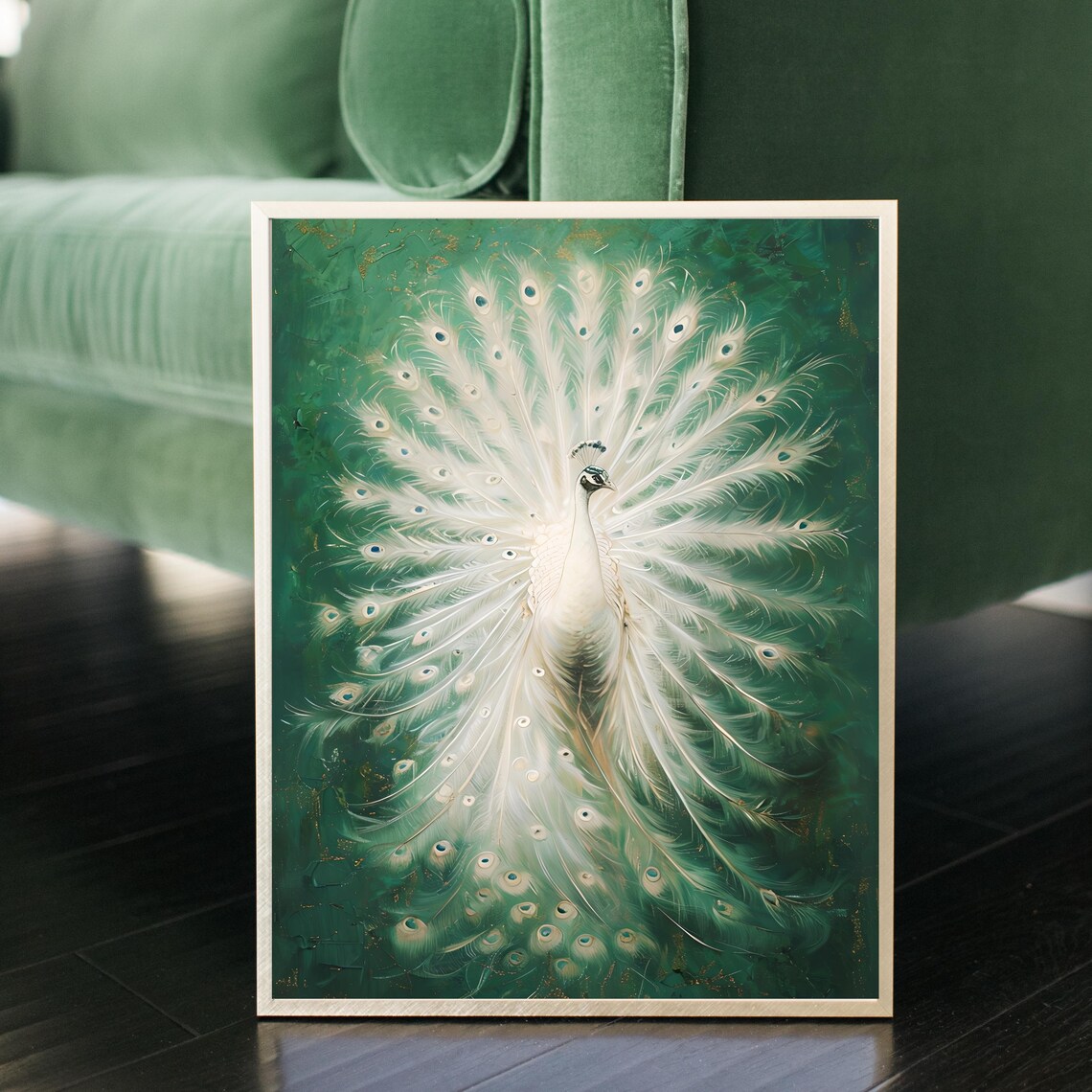 Elegant White Peacock Fanned Feathers Emerald Green Painting Poster