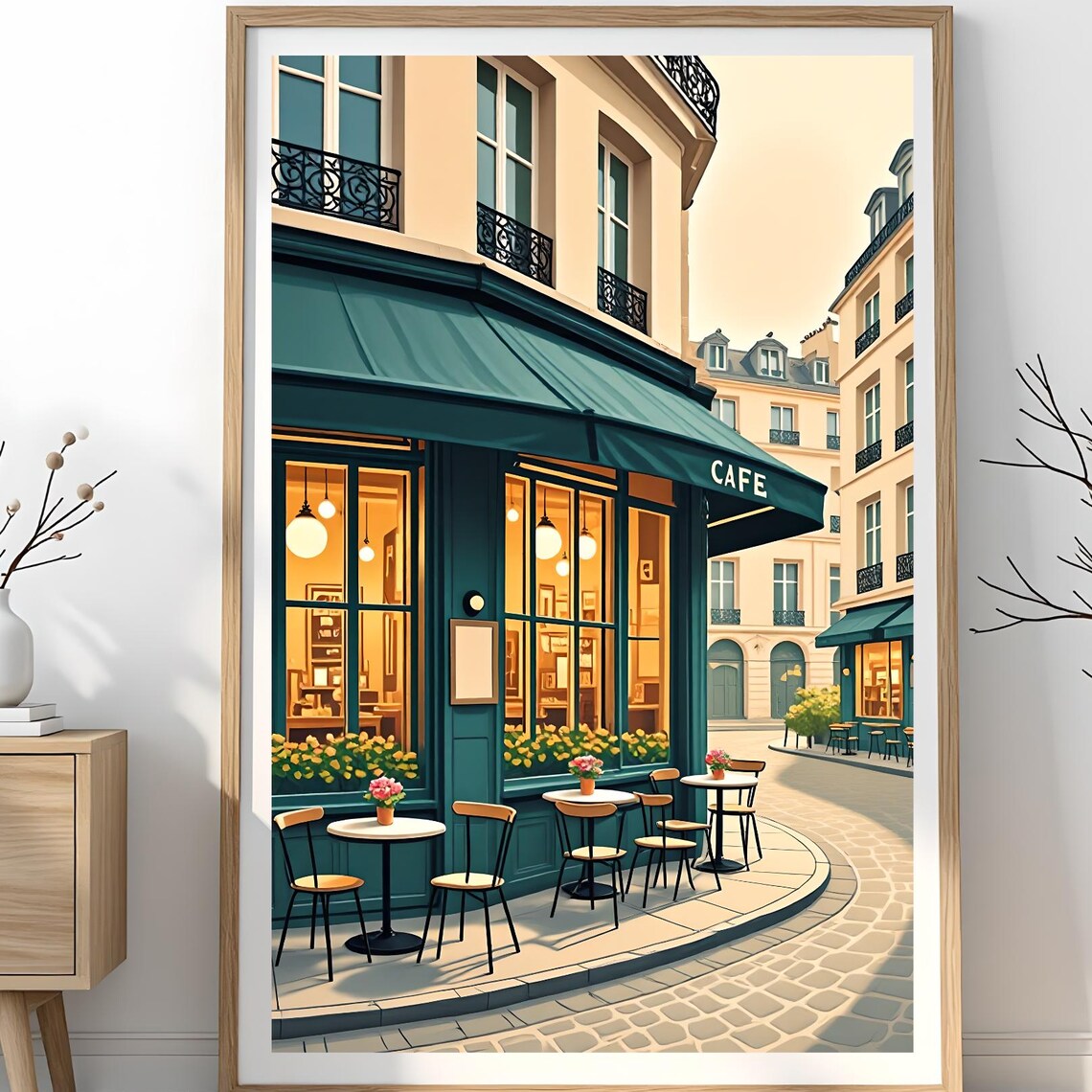Paris Cafe Corner Bistro Awning Street Tables French Coffee Art Poster