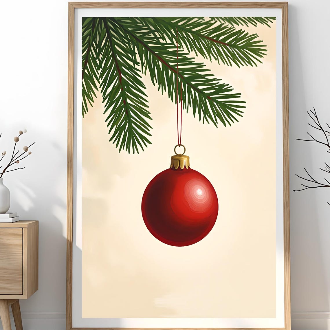 Scandinavian Red Bauble Pine Branch Minimal Christmas Holiday Poster