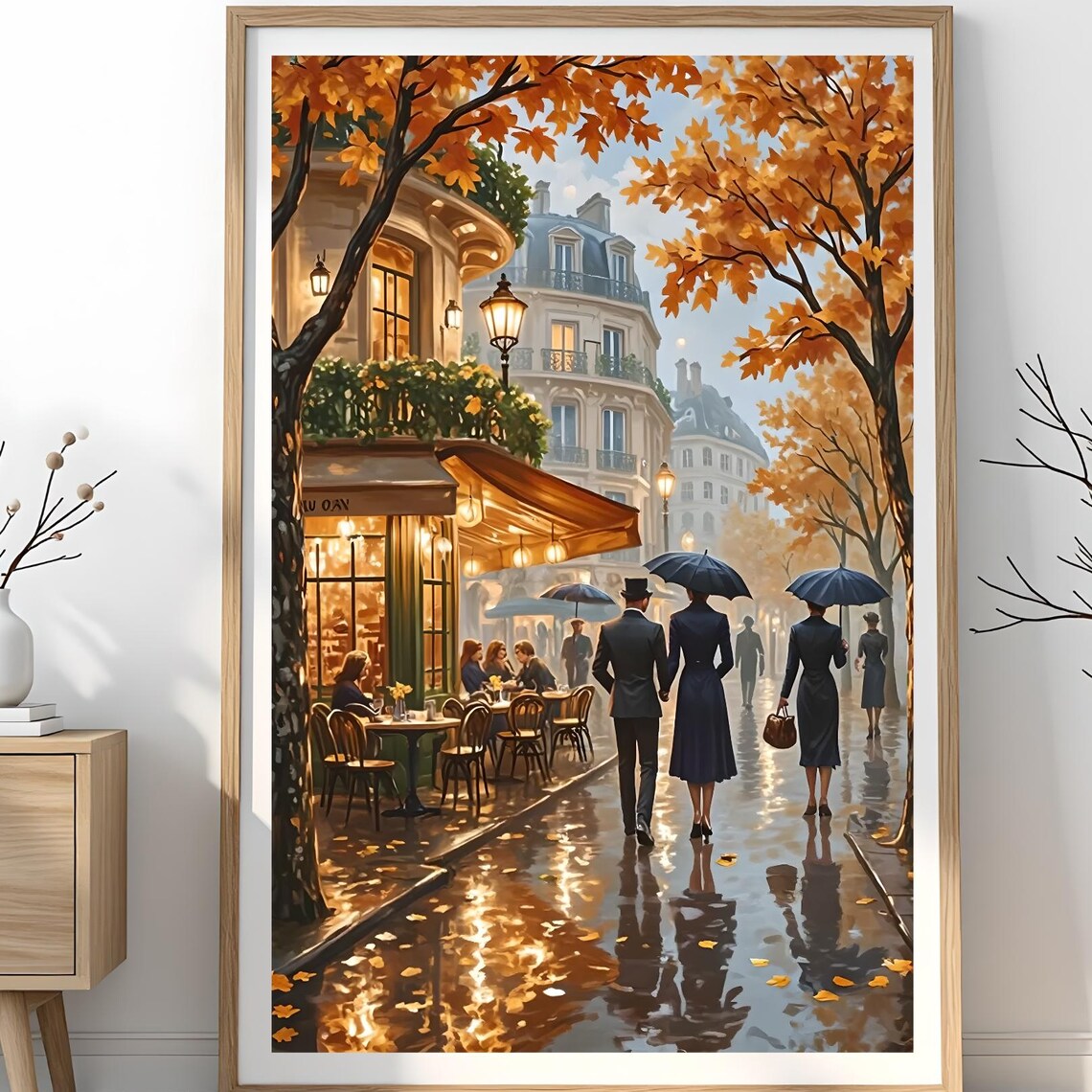 Autumn Paris Rainy Street Umbrellas Cafe Oil Painting Poster