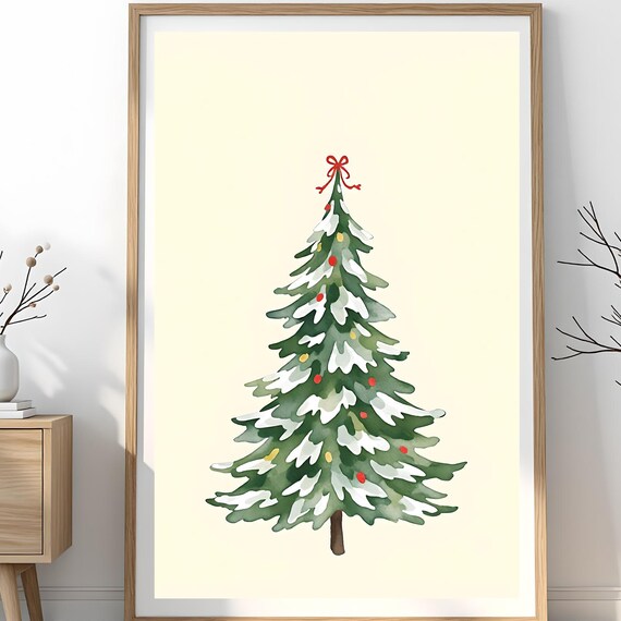 Snowy Pine Christmas Tree Watercolor Scandinavian Holiday Poster