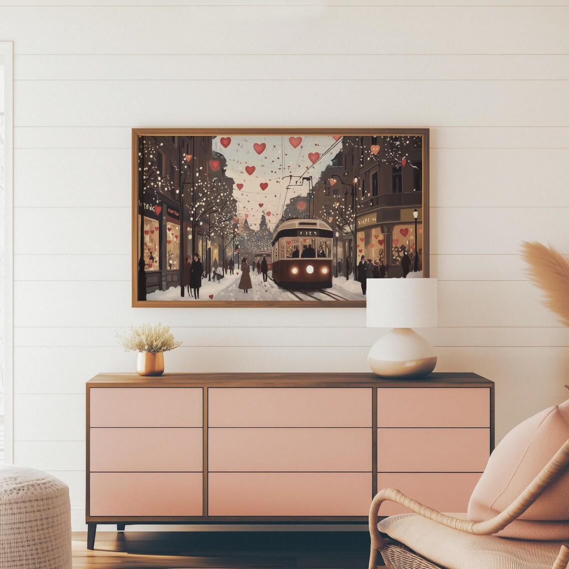Snowy Evening Street Tram With Heart Garlands And Lights Art Print - Image 3