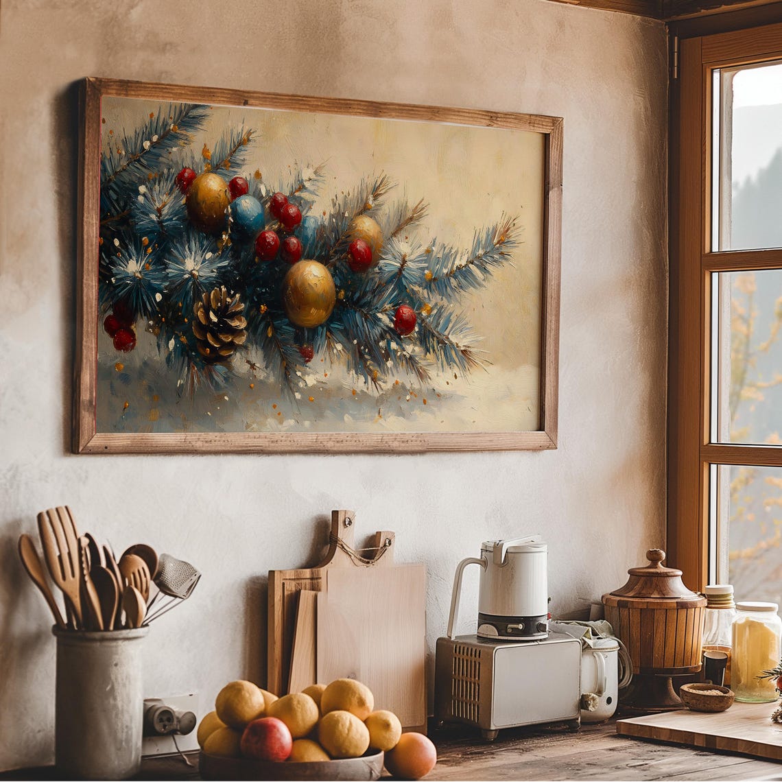 Snowy Pine Branch Ornaments Berries Festive Painting Wall Art - Image 3