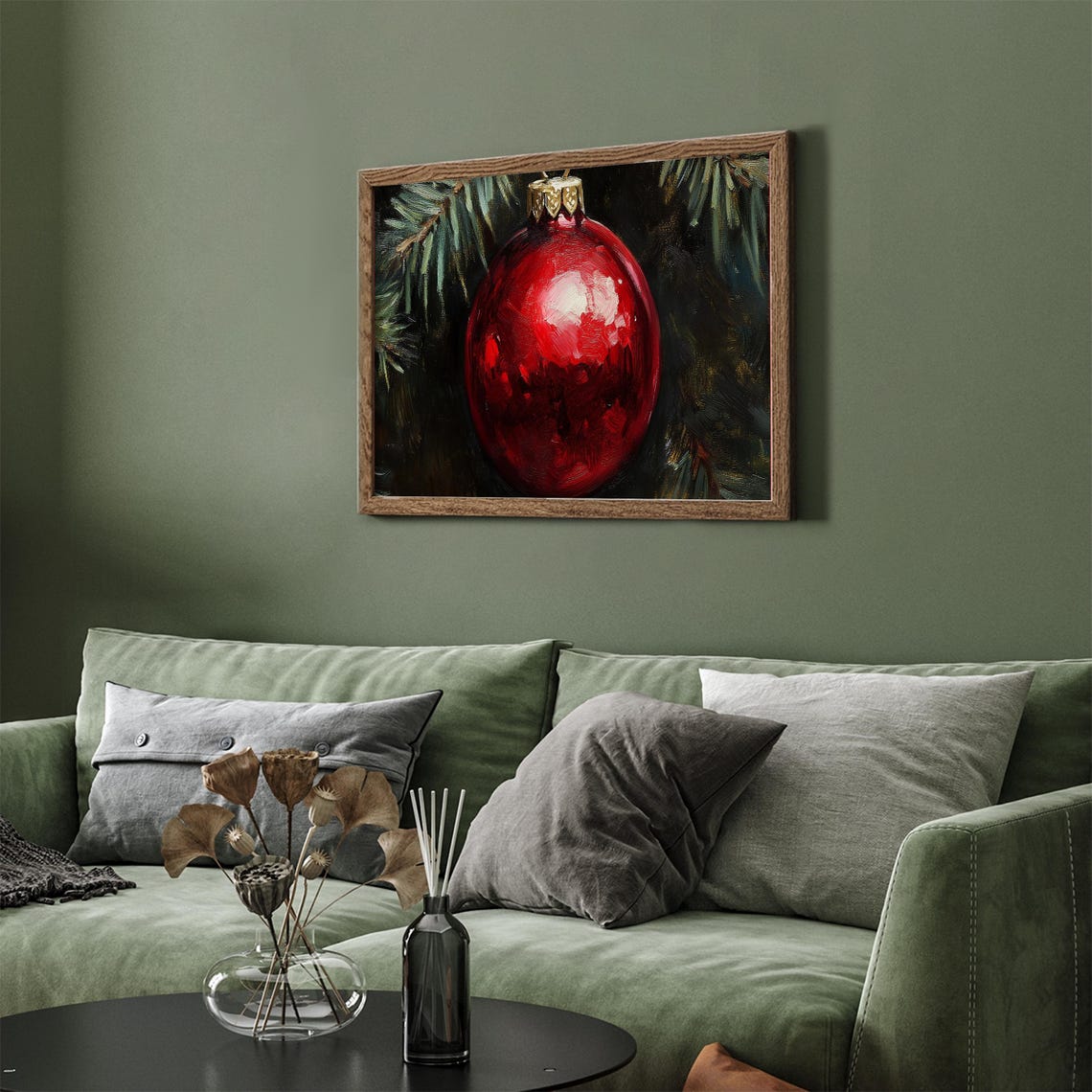 Close Up Red Christmas Bauble Pine Needles Oil Painting Wall Art - Image 3