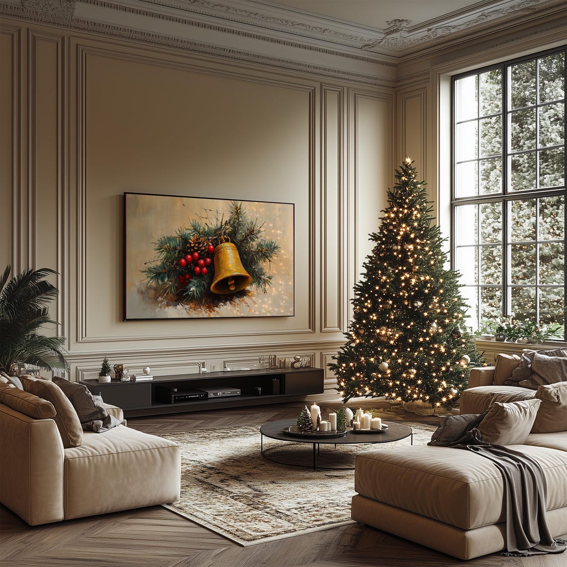 Golden Bell With Pine Branches And Red Berries Christmas Art Print - Image 2