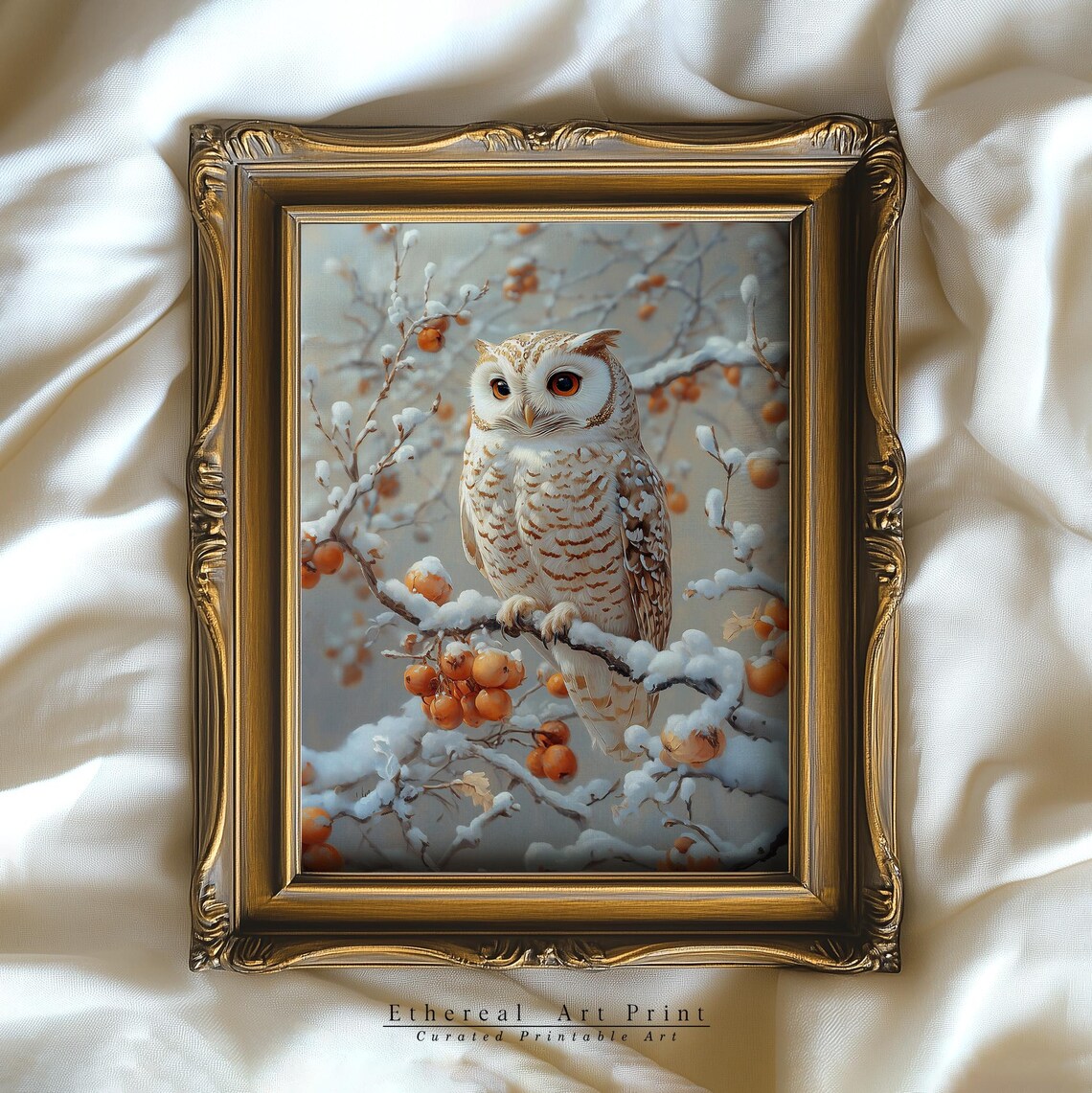White Owl Snowy Branch Winter Berries Wildlife Portrait Wall Art - Image 2