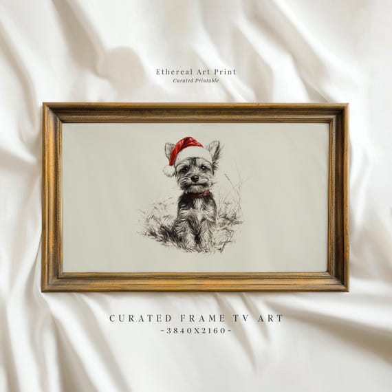 Vintage Yorkshire Dog Santa Hat Sketch Frame Tv Art Neutral Christmas Nursery Holiday Decor Cute Dog Drawing Frame Tv