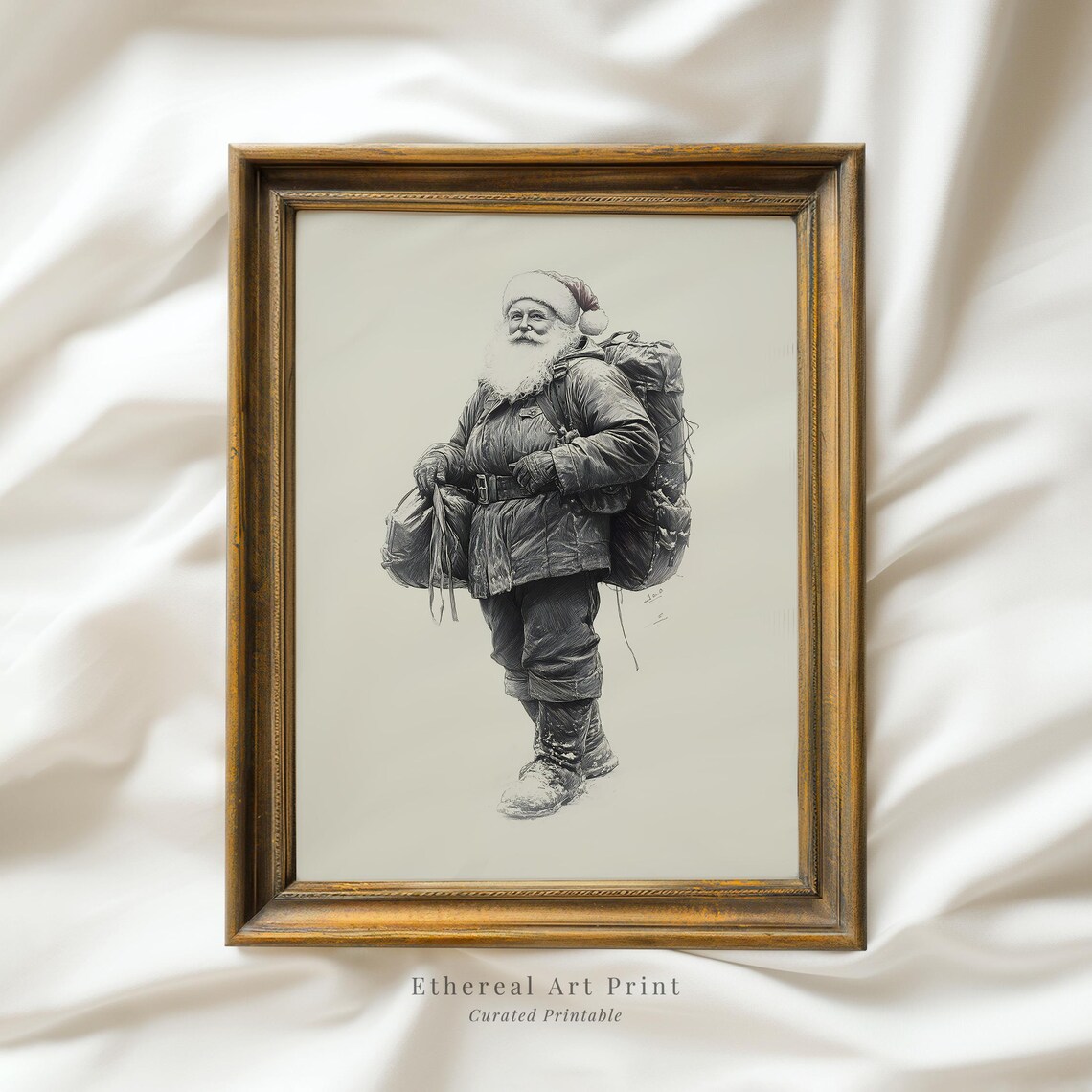 Santa Claus Traveler Full Body Pencil Sketch Drawing Wall Art