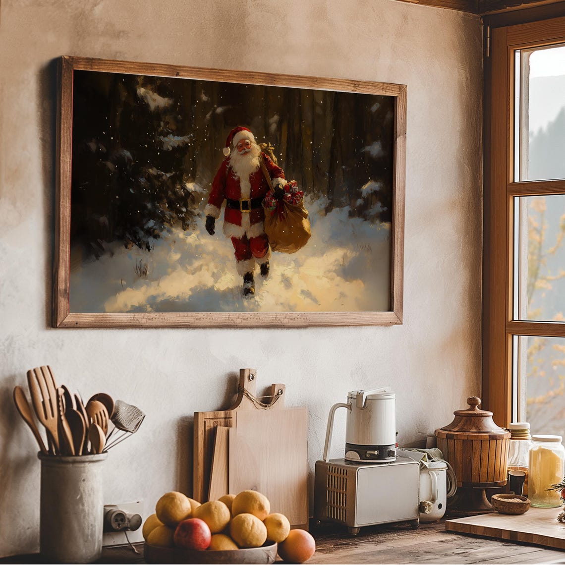 Santa Claus Walking Through Snow Carrying Gift Sack Wall Art - Image 2
