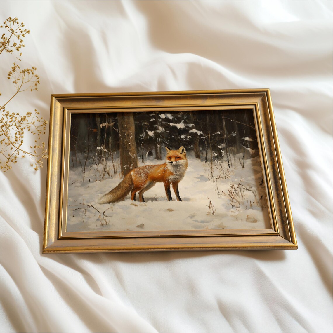 Red Fox Snowy Dark Woodland Winter Oil Painting Animal Wall Art - Image 2