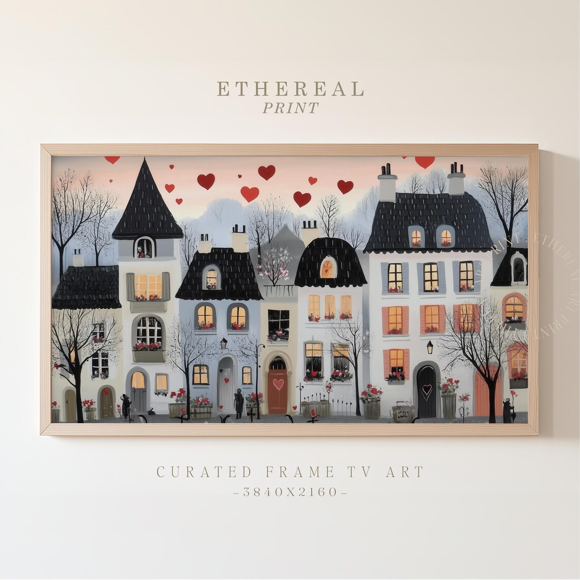 Charming European Street With Red Heart Balloons Romance Wall Art