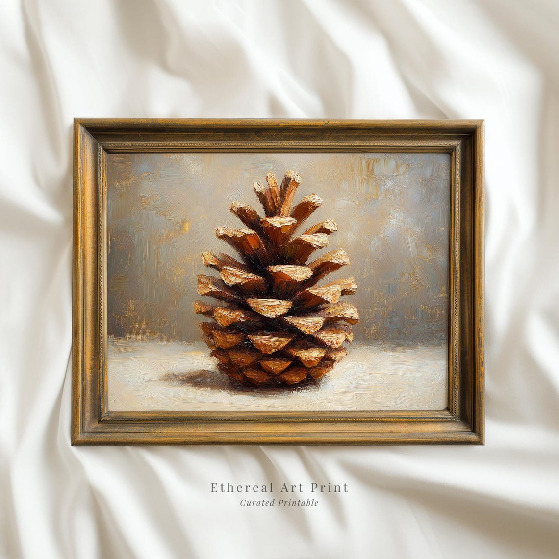 Single Pine Cone Still Life Oil Painting Rustic Botanical Art Print