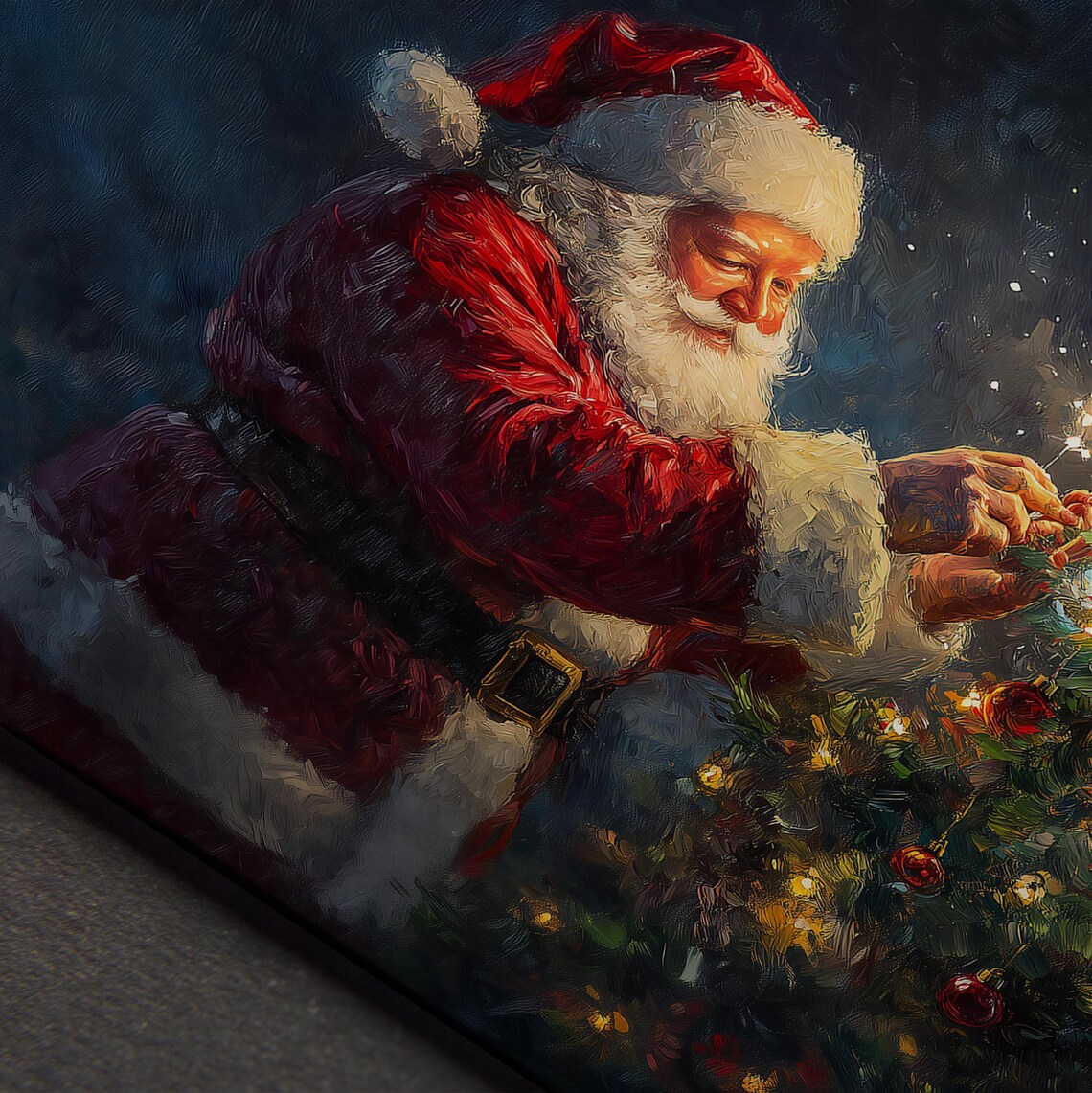 Santa Claus Decorating Christmas Tree Night Oil Painting Wall Art - Image 4