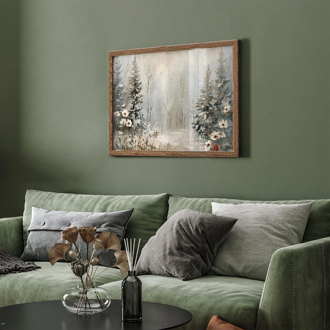 Snowy Winter Forest Watercolor With Wildflowers Misty Art Print - Image 2
