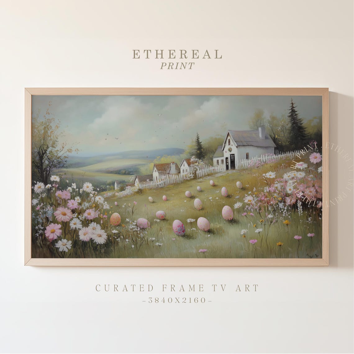 Pastel Easter Eggs On Flower Meadow Farmhouse Spring Painting Wall Art