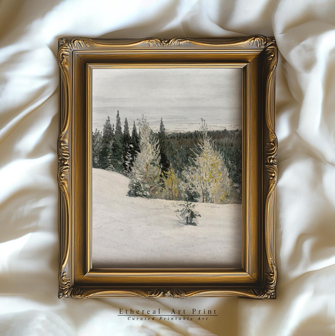 Snowy Forest Edge Winter Hillside Antique Oil Painting Art Print - Image 3