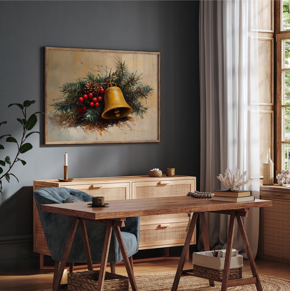 Antique Gold Christmas Bell On Evergreen Boughs Holiday Art Print - Image 3