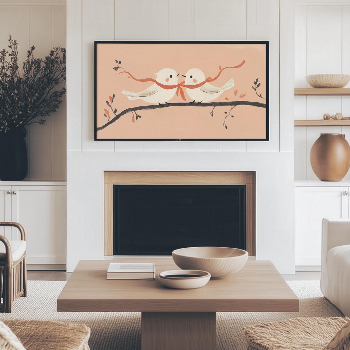 Two Lovebirds Tied With Red Ribbon Folk Art Romance Painting Wall Art - Image 2
