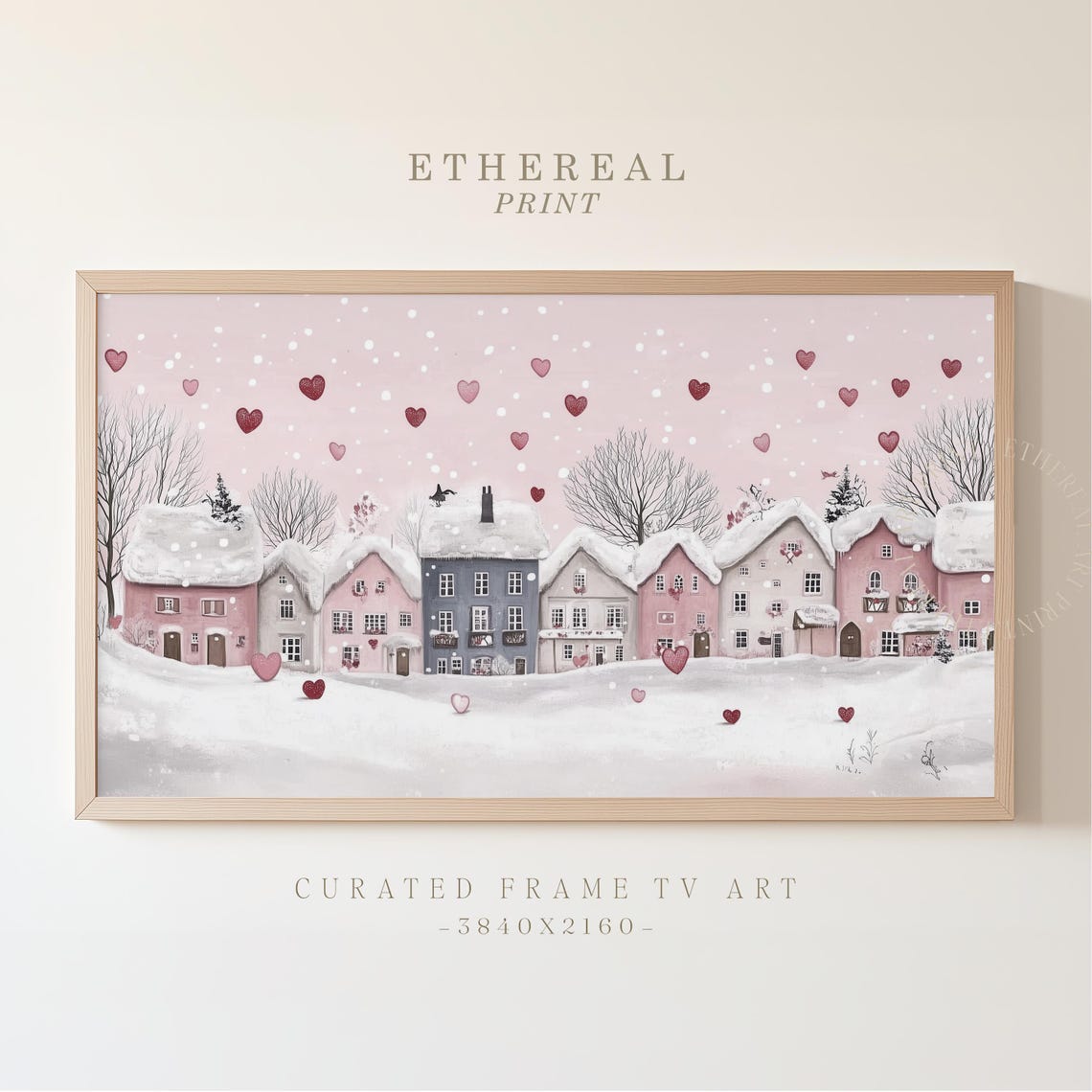 Snowy Pink Village Falling Hearts Valentines Day Frame Tv Art