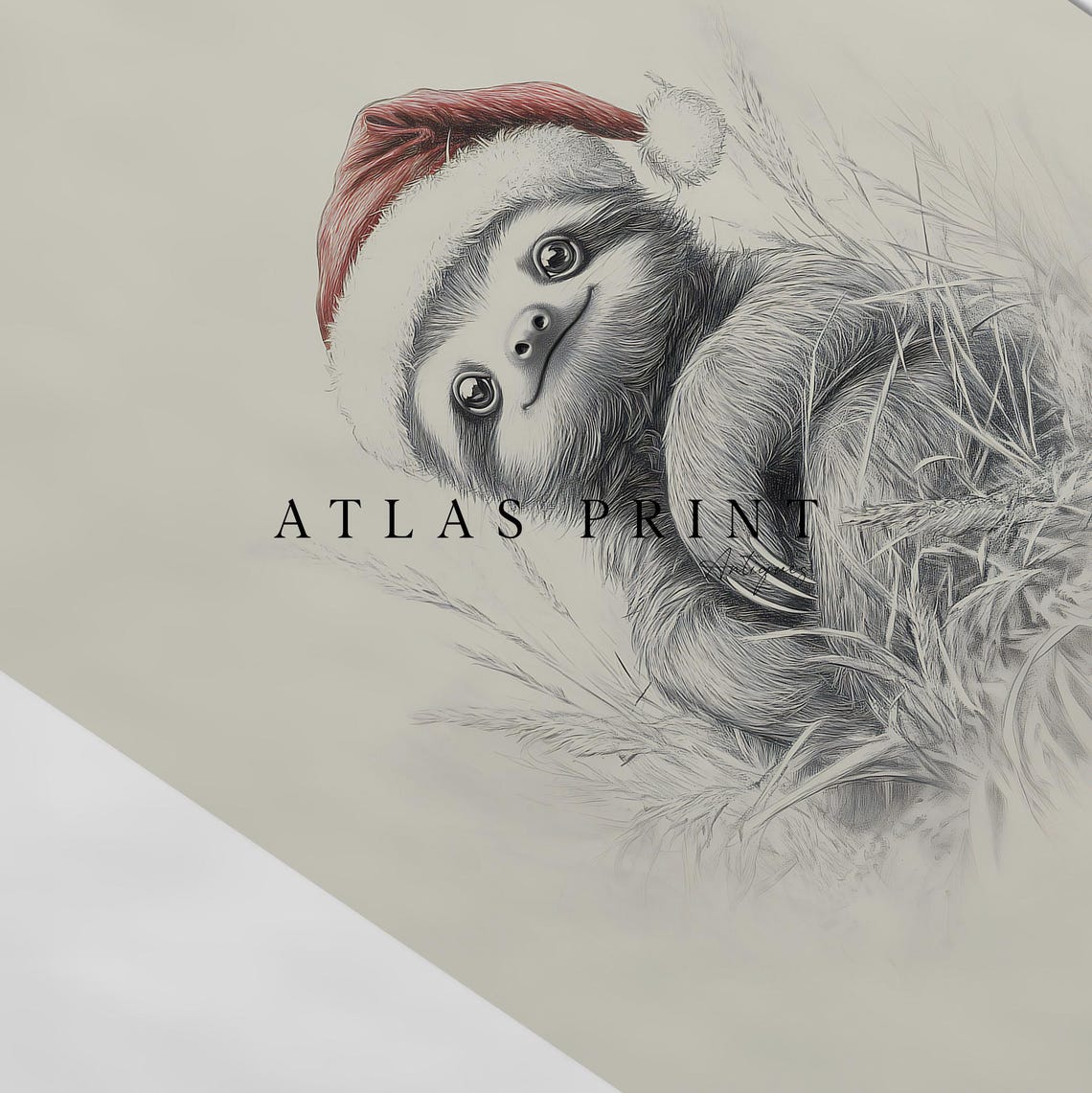 Cute Baby Sloth In Santa Hat Pencil Sketch Neutral Nursery Print - Image 4