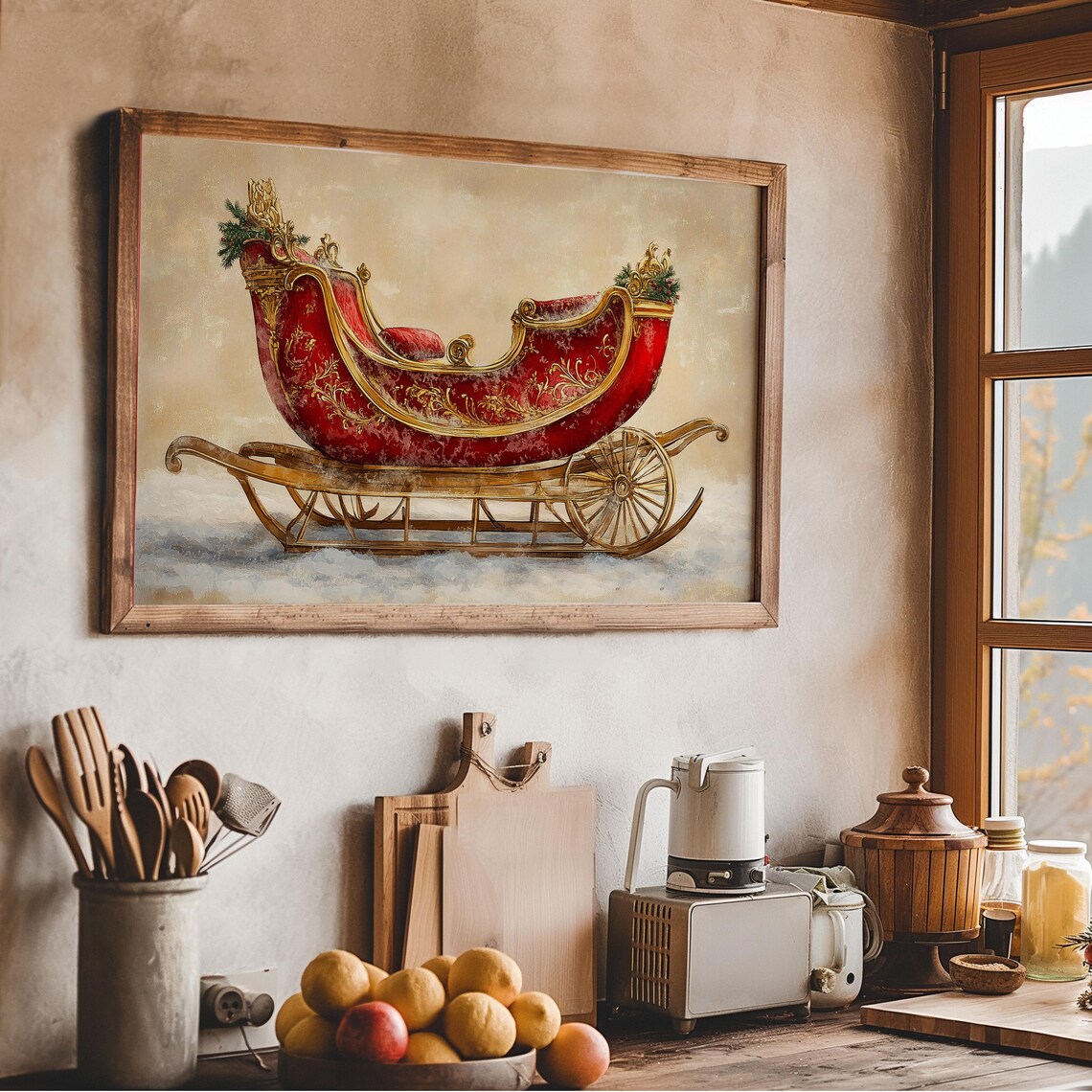 Antique Santa Sleigh Red Gold Ornate Snow Scene Painting Wall Art - Image 3