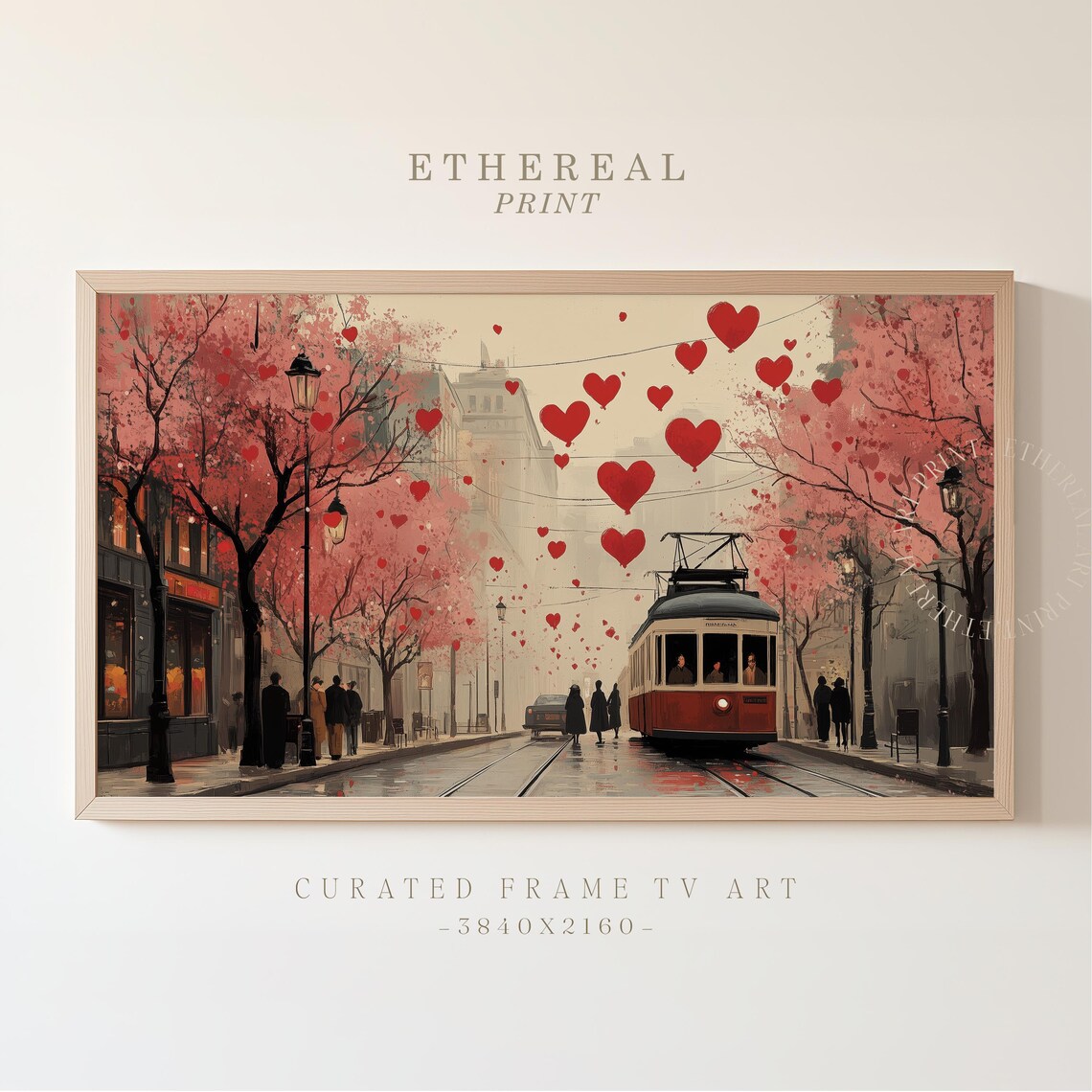Vintage Tram On Rainy Blossom Street With Floating Hearts Art Print