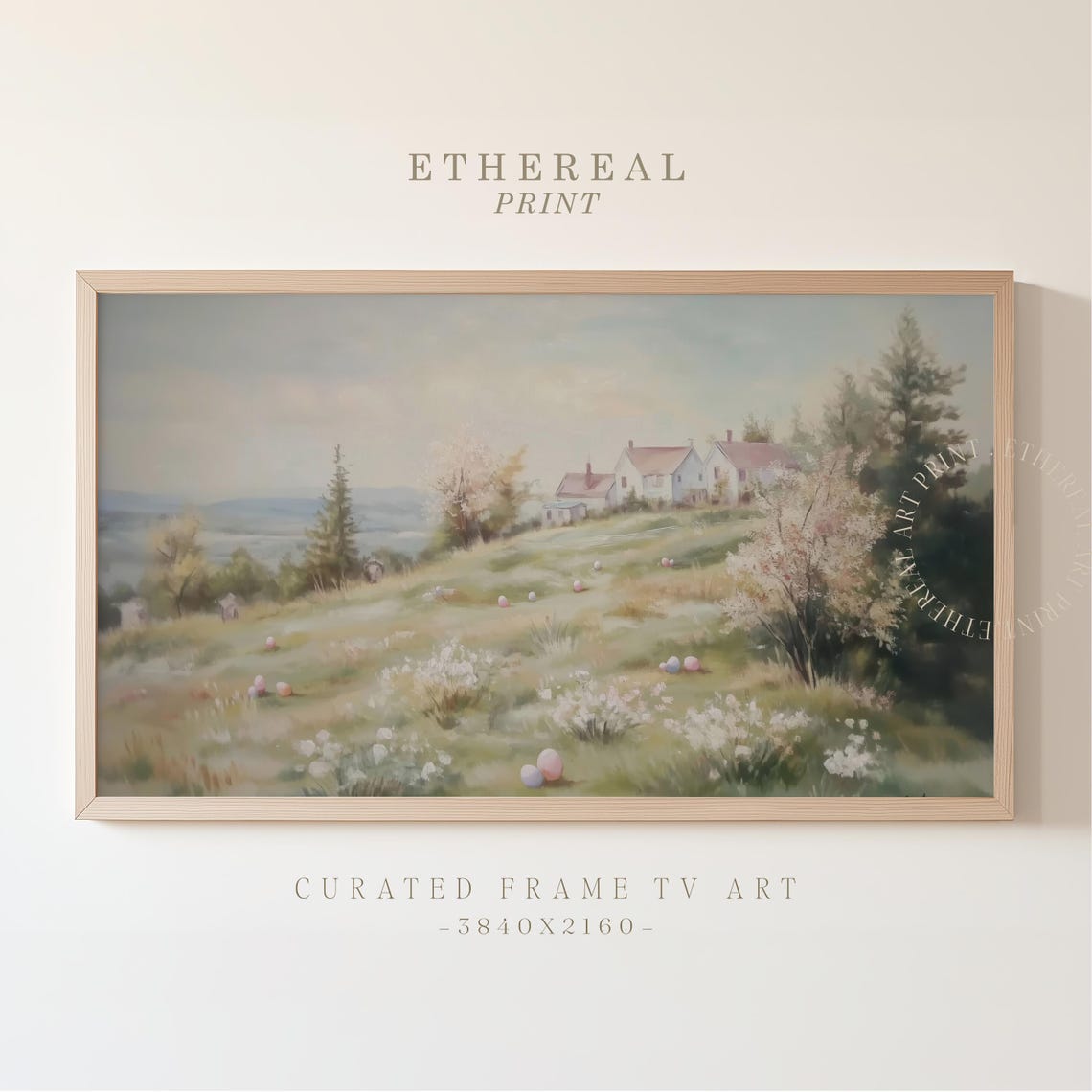 Soft Pastel Easter Egg Hunt Meadow Hillside Farmhouse Spring Wall Art