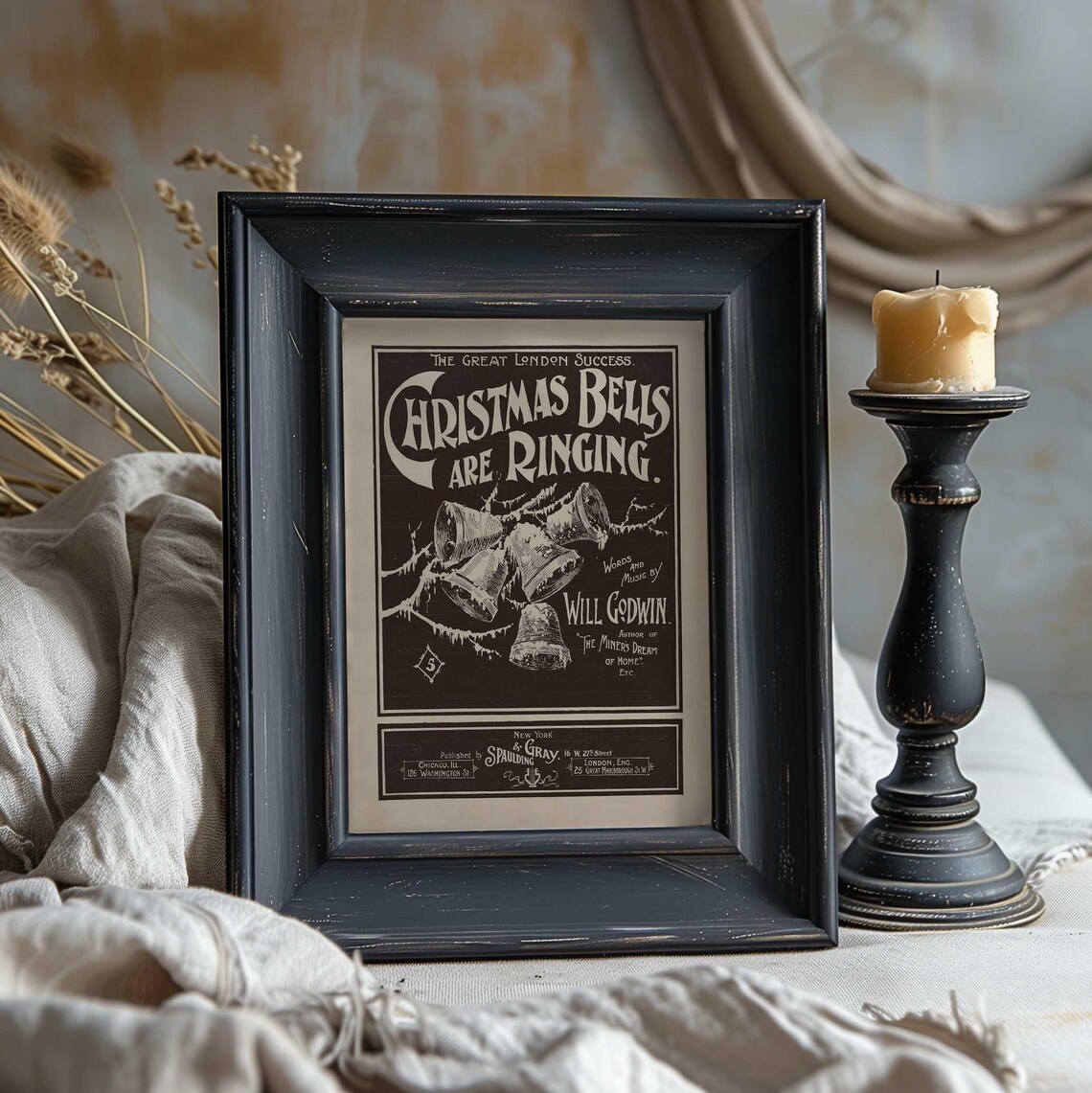 Vintage Christmas Bells Are Ringing Sheet Music Cover Dark Poster - Image 3