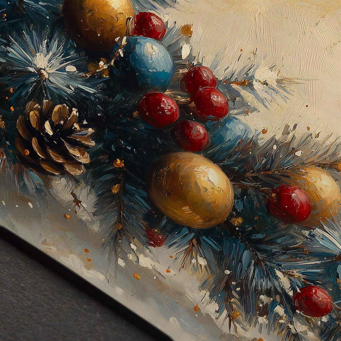 Blue Pine Garland Gold Red Ornaments Christmas Painting Wall Art - Image 4