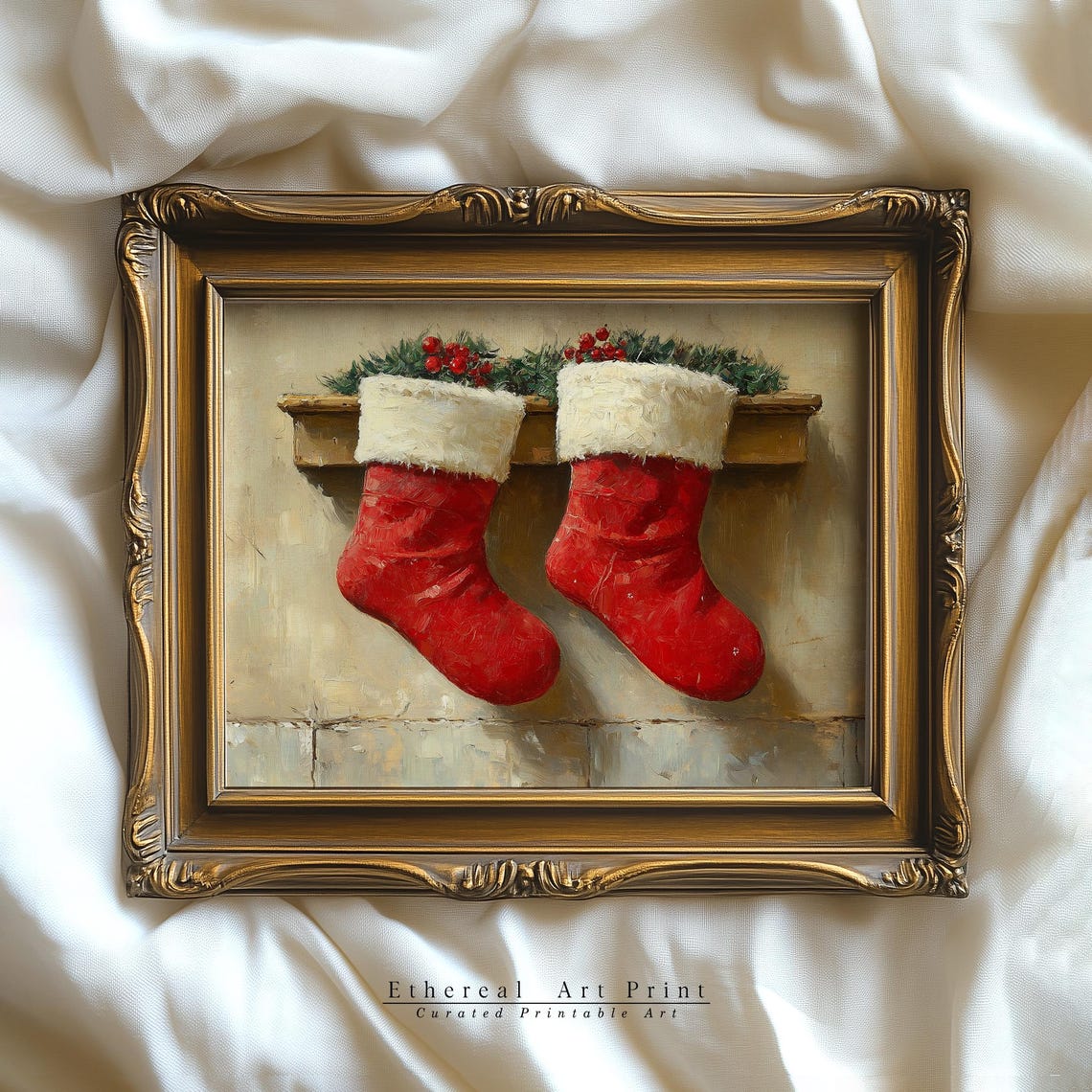 Classic Red Christmas Stockings With Fur Trim Holly Mantel Art Print - Image 3