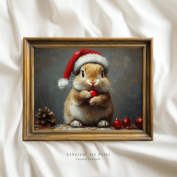 Cute Baby Rabbit In Santa Hat Painting Xmas Print Hare Christmas Wall Decor Vintage Bunny Nursery Art Prints
