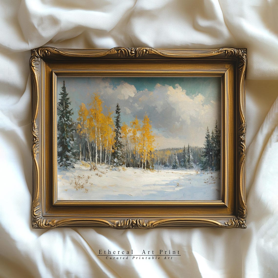 Yellow Aspen Trees Snow Covered Forest Vintage Landscape Wall Art - Image 3