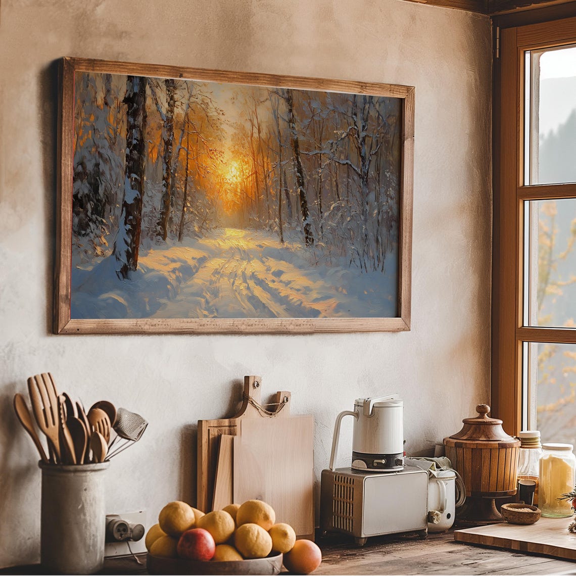 Golden Winter Sunset Snowy Forest Path Warm Glow Landscape Print - Image 2