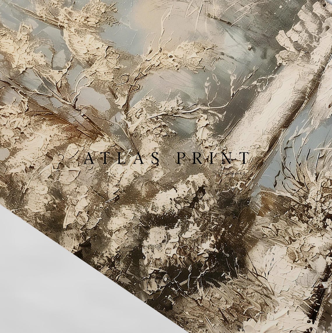 Snowy Winter Stream Painting Neutral Trees Frozen Lake Wall Art - Image 4