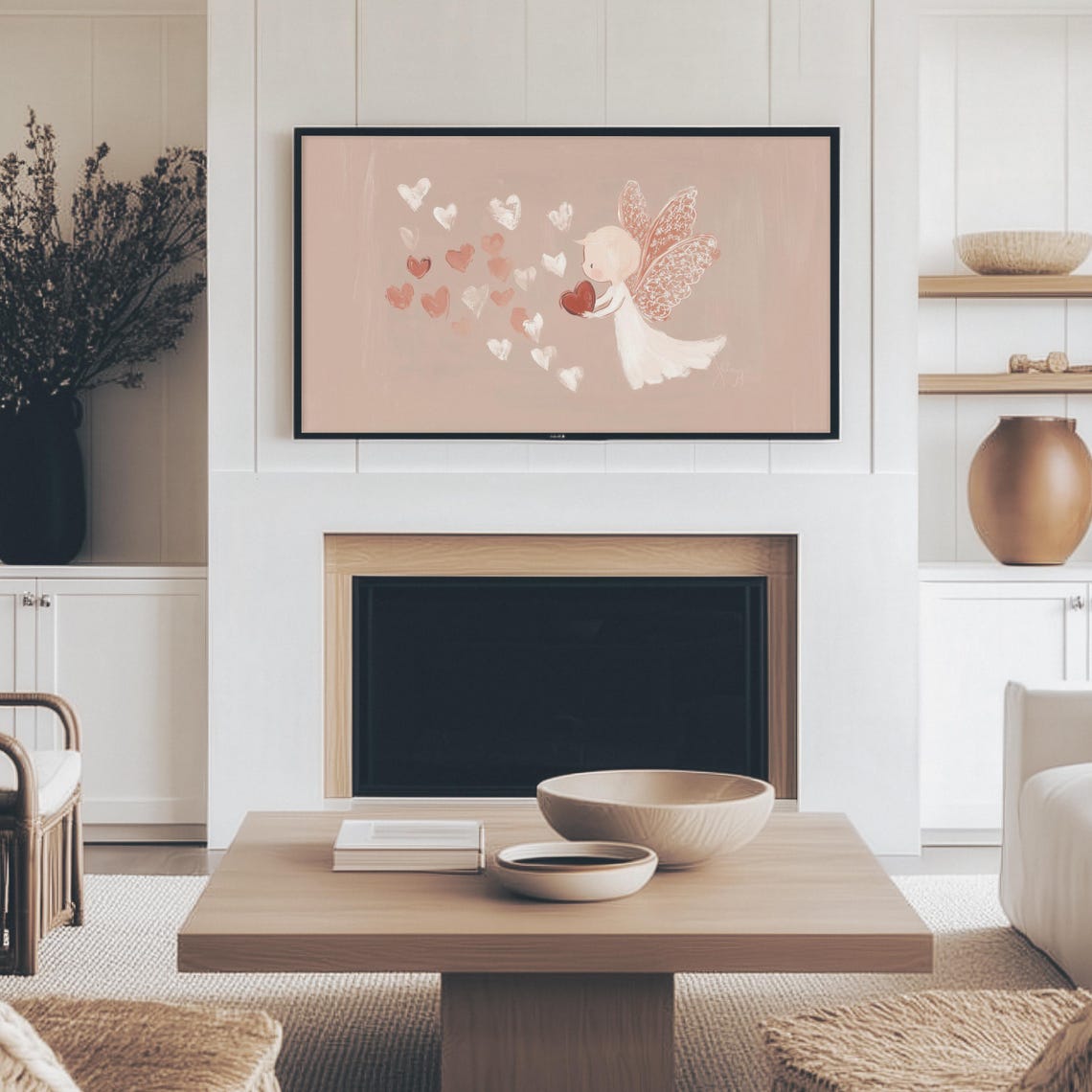Minimalist Angel With Lace Wings Holding Heart Blush Art Print - Image 2