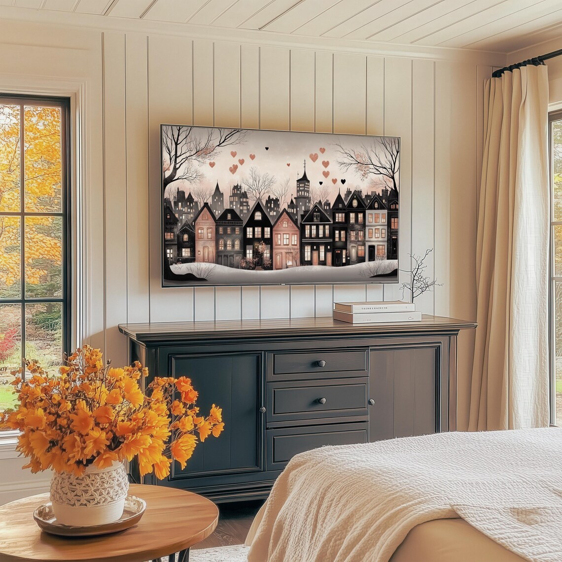 Moody City Skyline With Floating Hearts Winter Night Romance Wall Art - Image 2