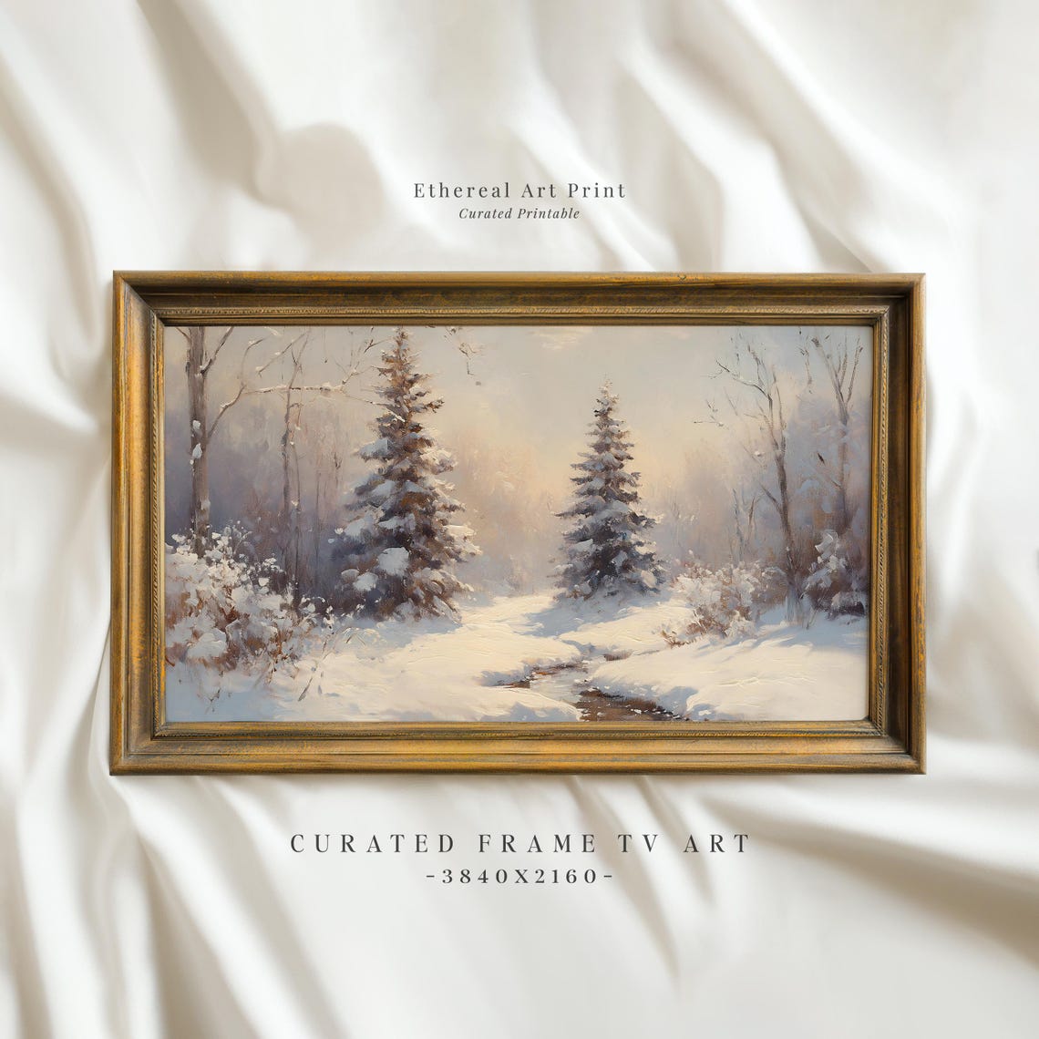 Frosted Evergreens Snowy Creek Serene Winter Landscape Wall Art