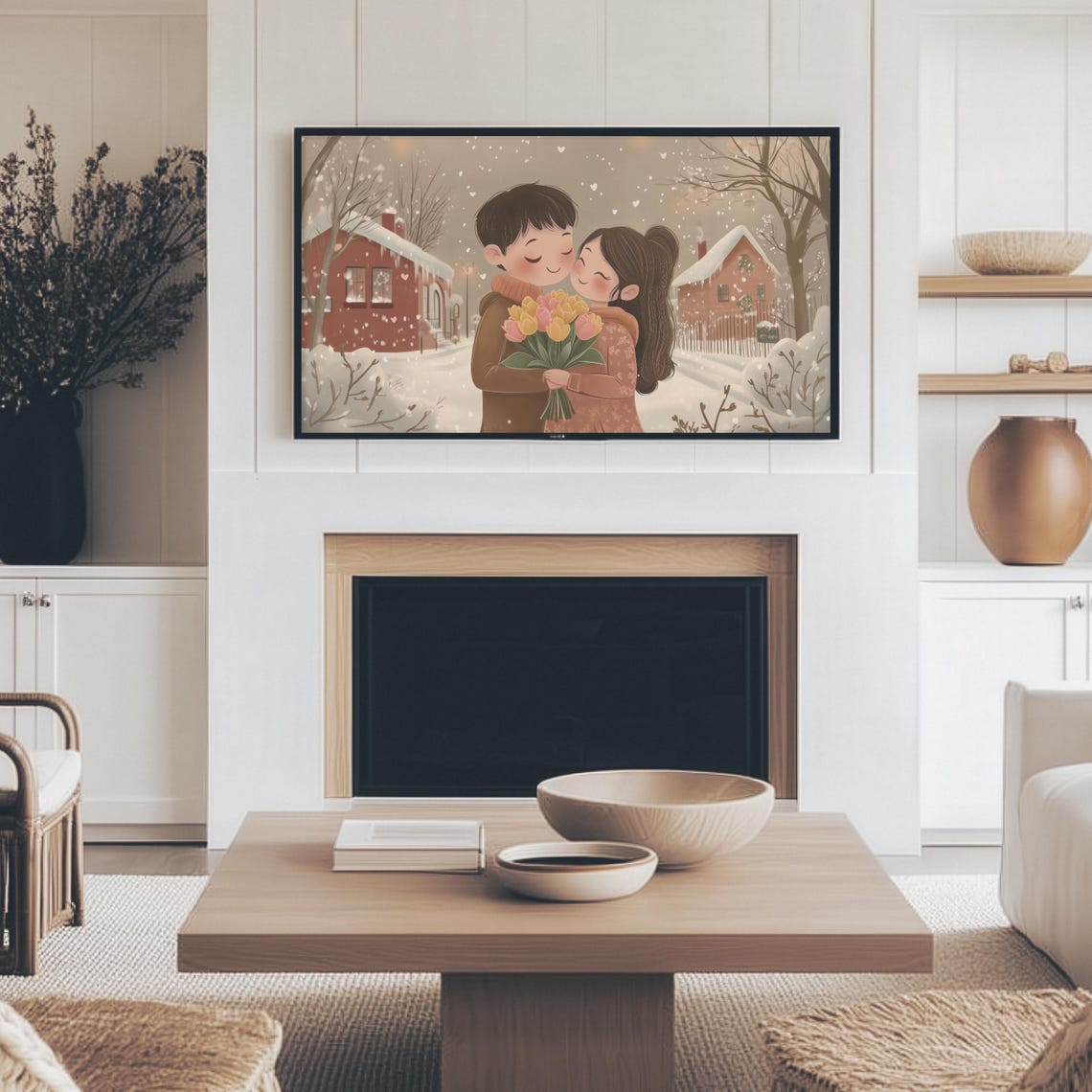 Romantic Couple With Tulips In Snowy Village Night Art Print - Image 4