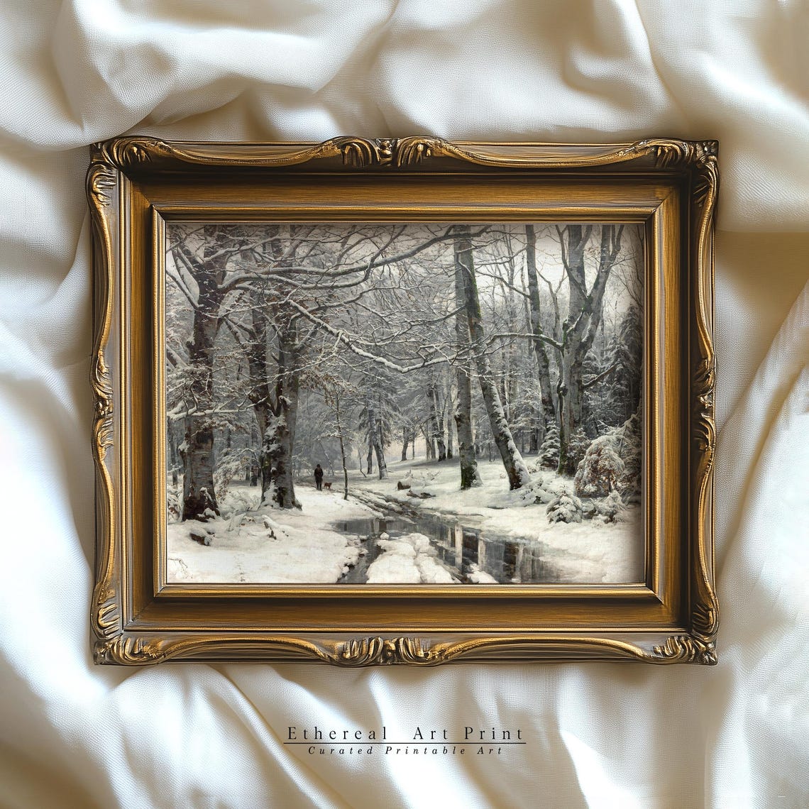Serene Snowy Forest Path With Stream Vintage Winter Oil Painting Print - Image 3