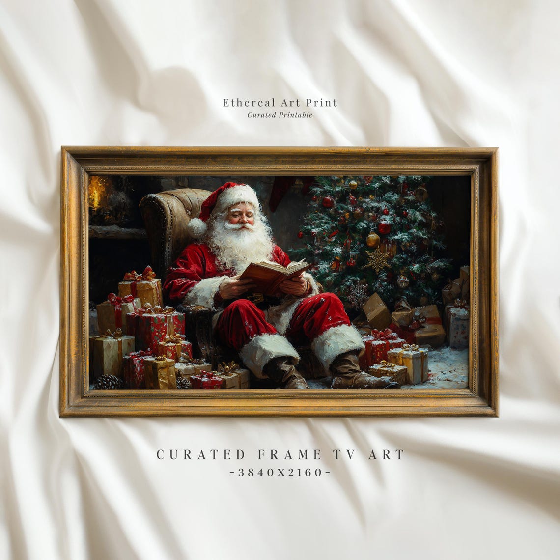 Santa Claus Reading Book By Christmas Tree Cozy Painting Wall Art
