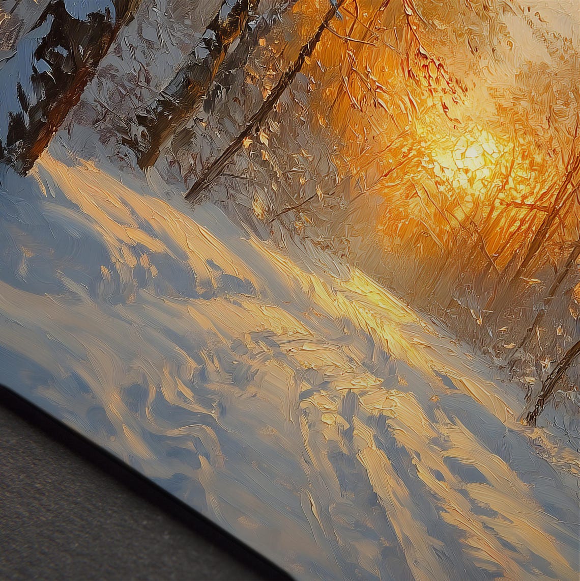 Golden Sunset Over Snowy Birch Forest Winter Glow Oil Art Print - Image 4
