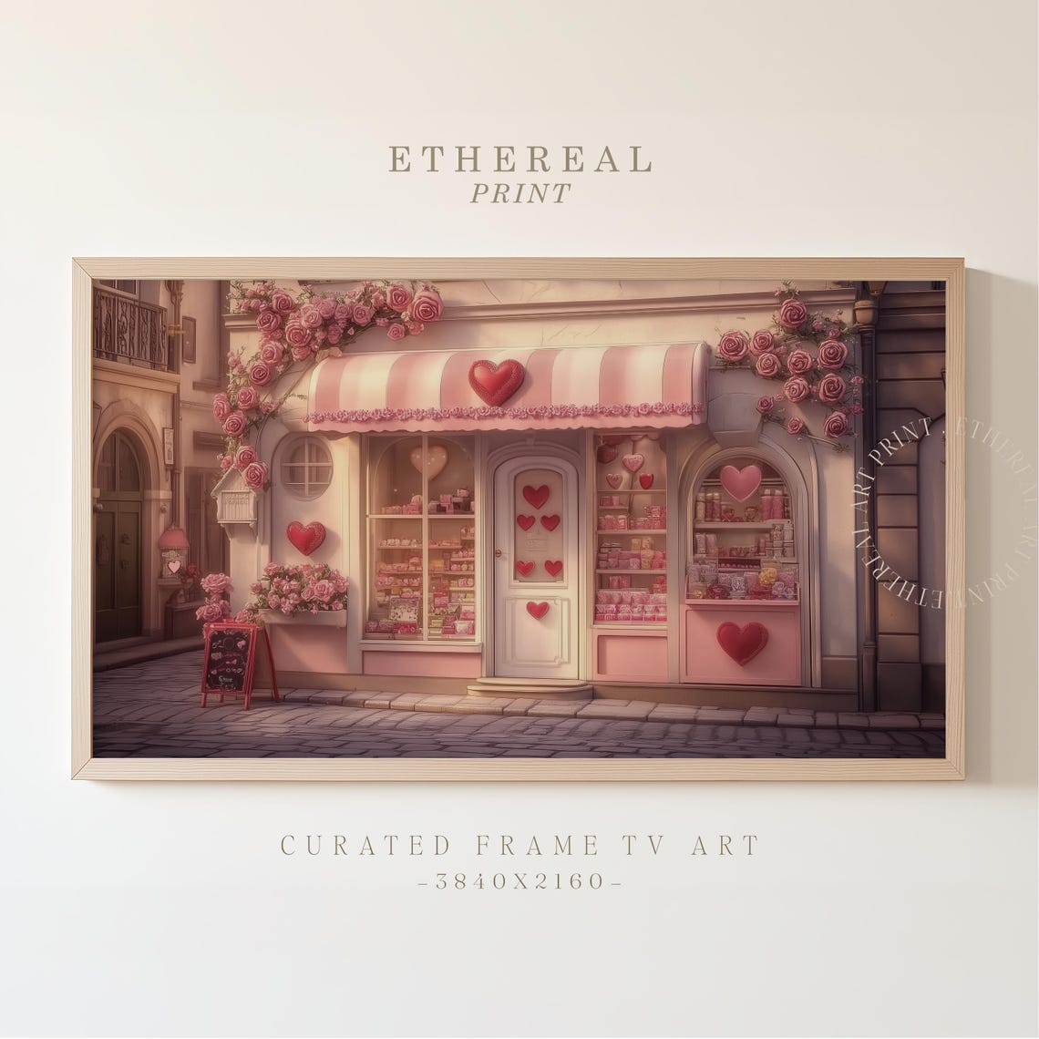 Pink Parisian Bakery Storefront With Hearts And Roses Art Print