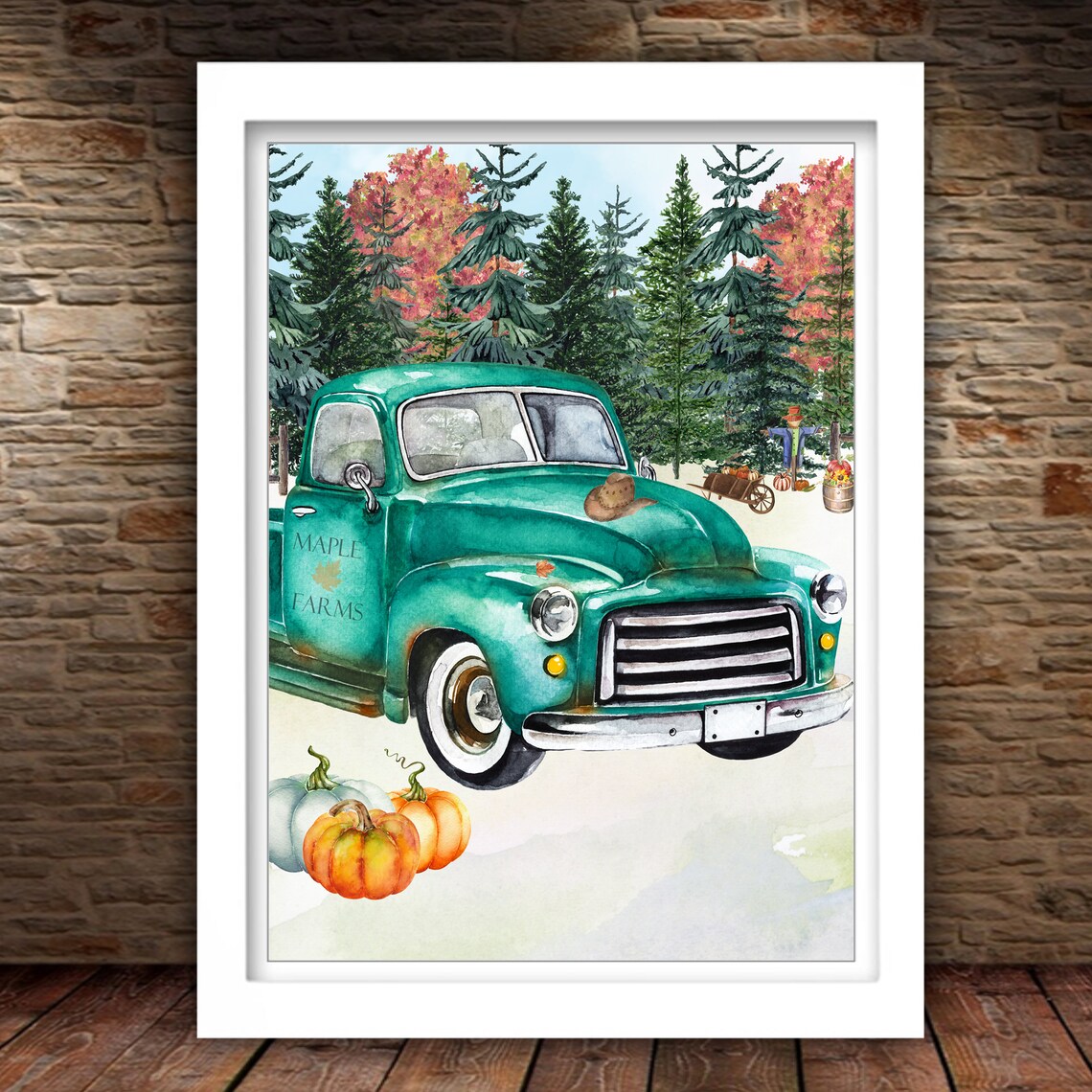 Vintage Teal Truck Maple Farms Pumpkins Fall Harvest Wall Art - Image 2