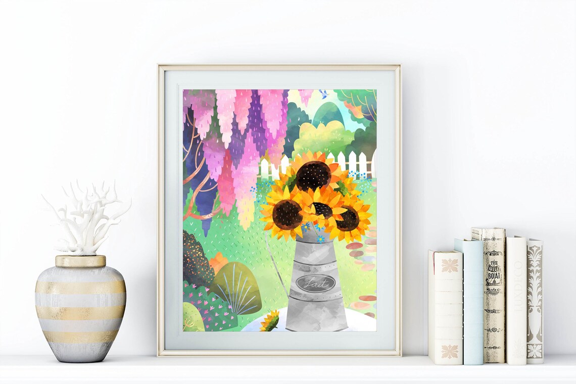 Sunflower Garden Watering Can Wisteria Picket Fence Art Poster - Image 3