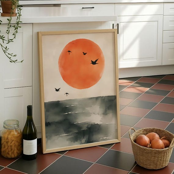 Digital Download Japanese Sun Poster Minimalist Sea Printable Vintage Asian Wall Art Japandi Ocean Landscape File