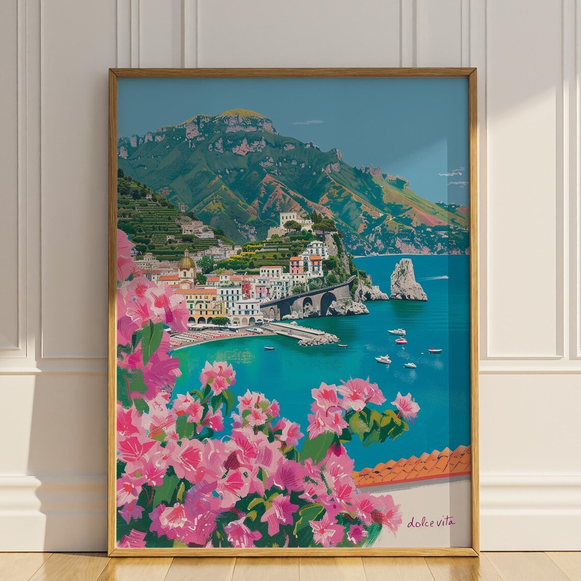 La Dolce Vita Amalfi Coast Pink Bougainvillea Vintage Travel Poster