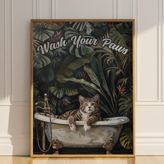 Wash Your Paws Cat Bathroom Wall Decor Funny Cat Lover Wall Art Tropical Plant Botanical Toilet Sign Poster