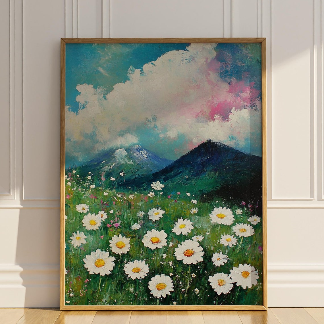 Daisy Field and Mountain Peaks Pastel Clouds Landscape Oil Poster