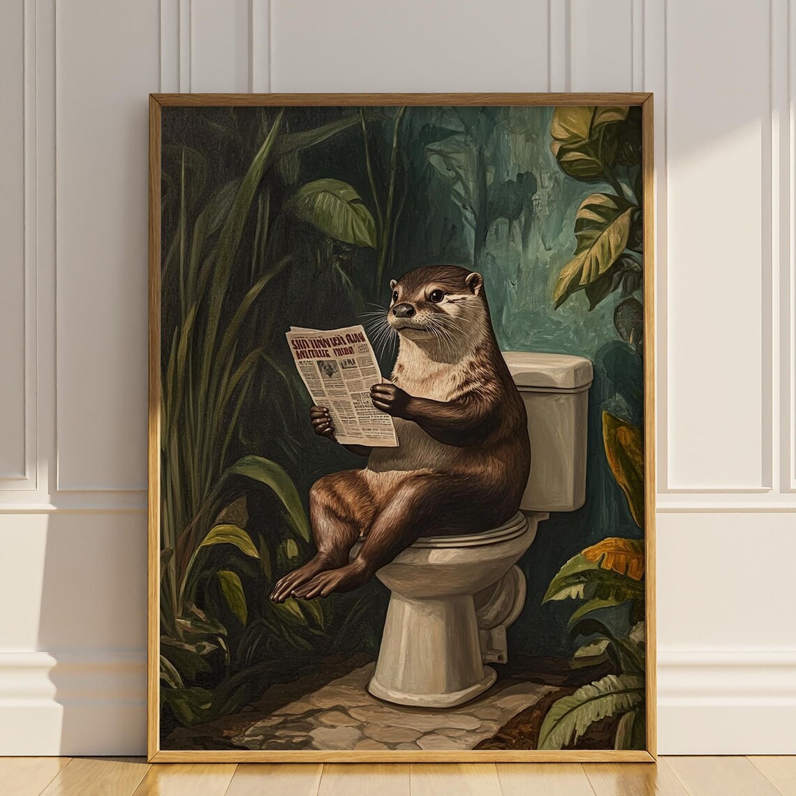 Funny Otter Sitting on Toilet Reading Newspaper Bathroom Humor Poster