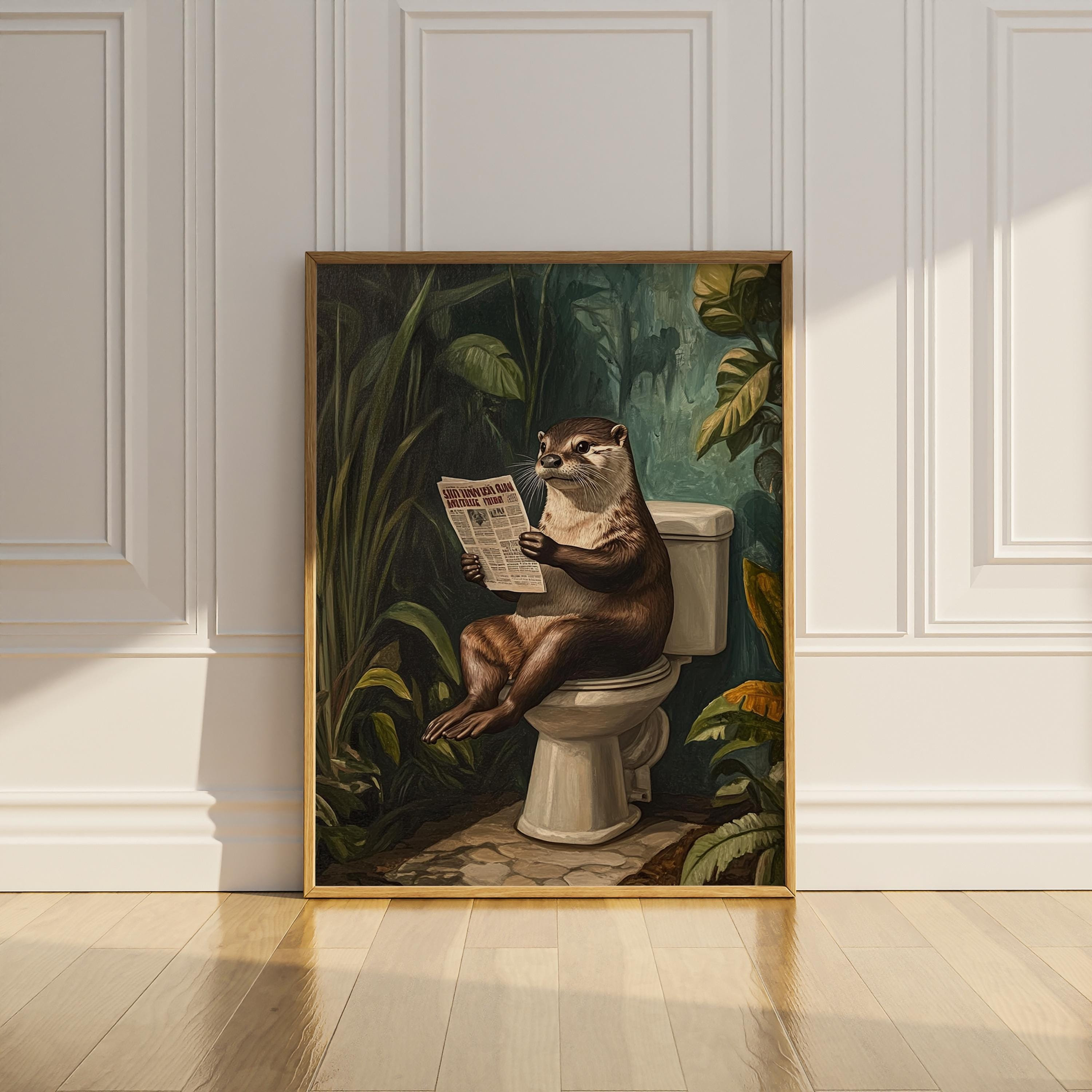 Otter Toilet Print Poster Funny Sea Otter Sitting On Toilet Wall Art Tropical Plants Botanical Animal Green Restroom Wall Art Matte Poster
